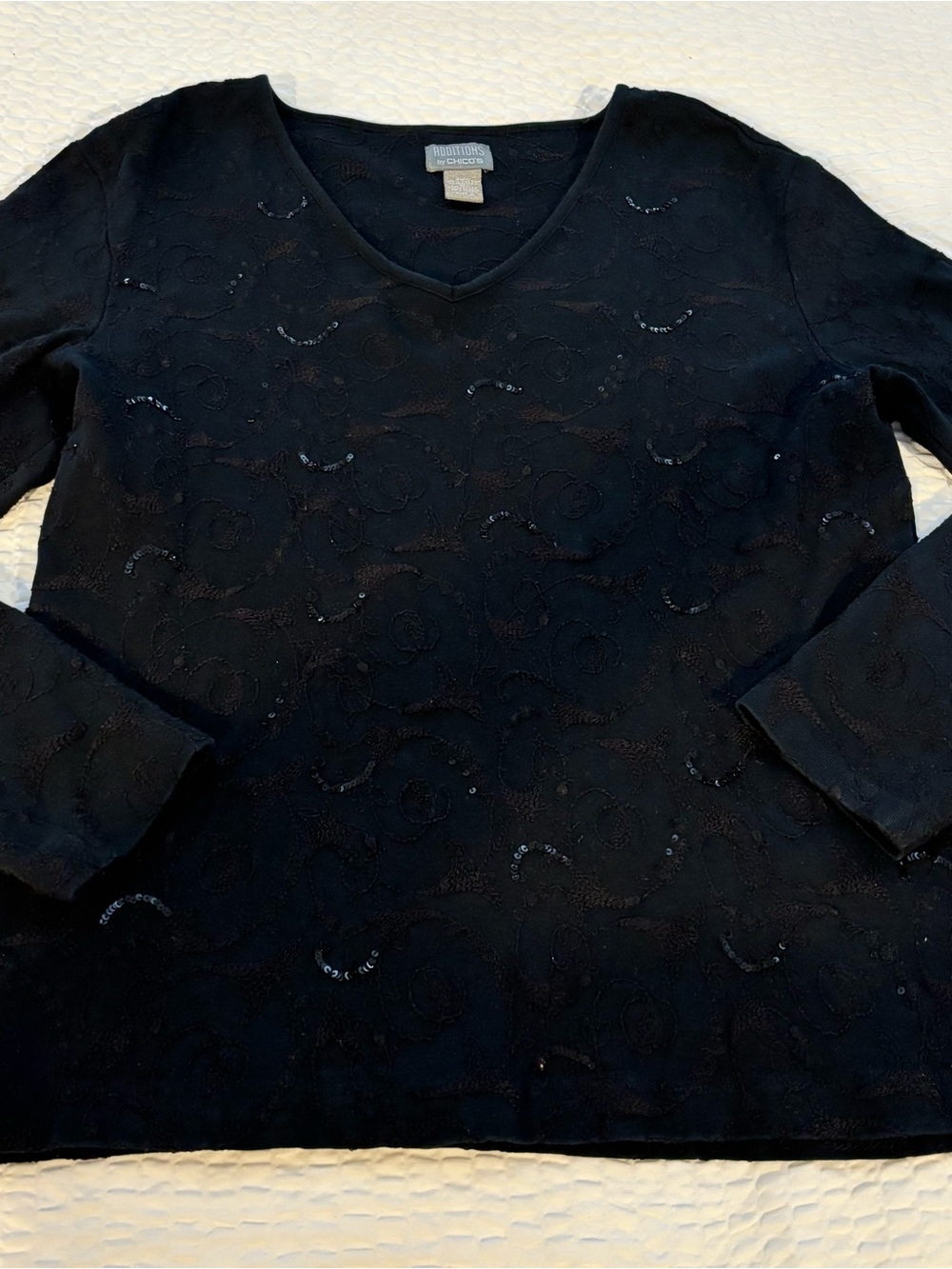 Additions by Chico’s Black Embroidered Sequin V-Neck Top Size 2